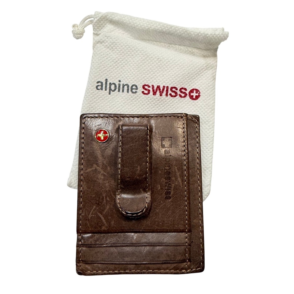 Alpine Swiss Mens Leather Money Clip Card Case Wallet Brown Slim ID Window Bag